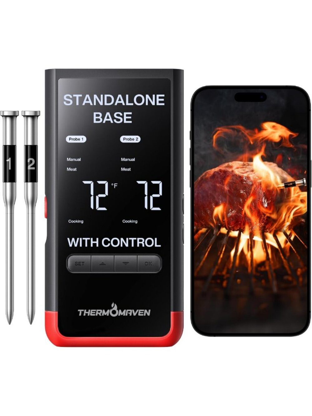 Wireless Meat Thermometer with 2 Probes, Smart Base & 6 Sensors - BBQ & Cooking